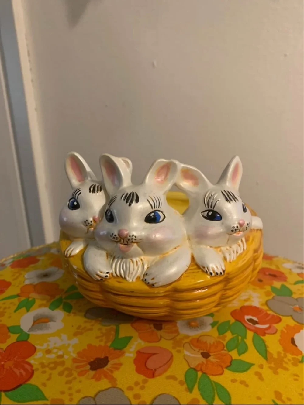Vintage retro bunnies in basket planter/ bowl